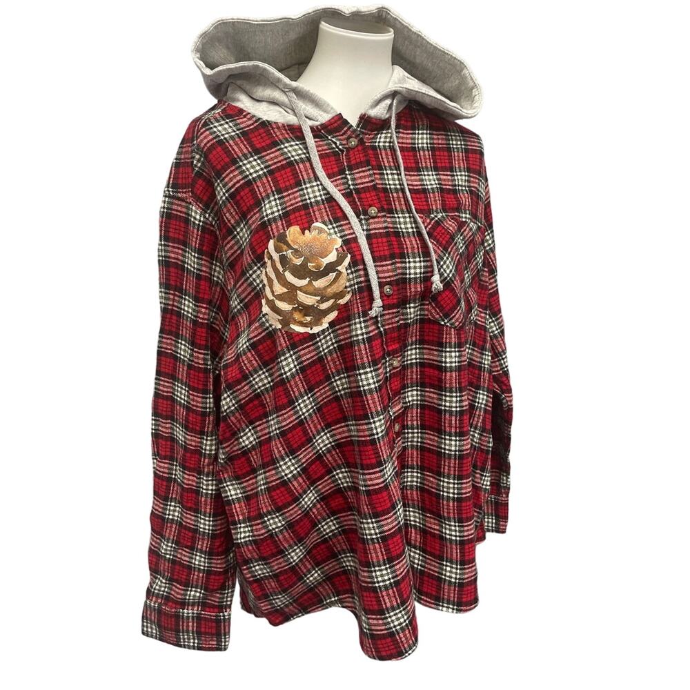 New Hand Printed Womens Medium Rustic Pine Cone Long Sleeve Plaid Flannel Hoodie